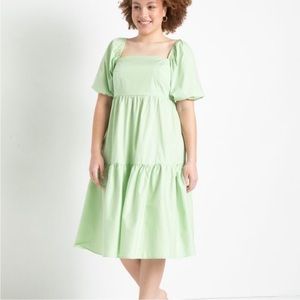 Eloquii Green Tiered Puff Sleeve Tie Back Midi Dress SZ 18 EUC